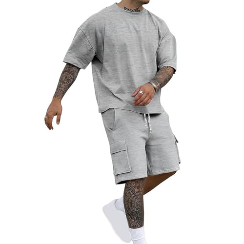 Trainingsanzug Herren 2-Teiliges Outfit Sets Sommerliche Mode T Shirt Zweiteiler Rundhal Anzüge Sport Set Kurzarm T Shirts + Kurze Hosen Set Sommer Cargo Shirt und Shorts Freizeit Sportanzug von Generisch