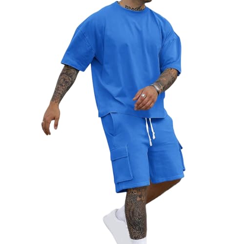 Trainingsanzug Herren 2-Teiliges Outfit Sets Sommerliche Mode T Shirt Zweiteiler Rundhal Anzüge Sport Set Kurzarm T Shirts + Kurze Hosen Set Sommer Cargo Shirt und Shorts Freizeit Sportanzug von Generisch
