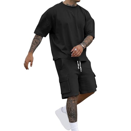 Trainingsanzug Herren 2-Teiliges Outfit Sets Sommerliche Mode T Shirt Zweiteiler Rundhal Anzüge Sport Set Kurzarm T Shirts + Kurze Hosen Set Sommer Cargo Shirt und Shorts Freizeit Sportanzug von Generisch