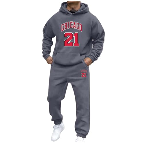 Trainingsanzug Herren Chicago 21 Trikot Jogginganzug Warm Gefüttert Sportanzug Einfarbig Y2K Hip Hop Hoodie Hausanzug mit Taschen Kapuzenpullover Jogginghose Tracksuit Set von Generisch