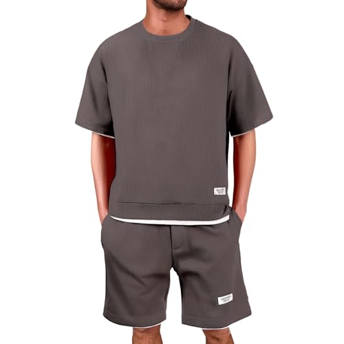 Trainingsanzug Herren Jogginganzug 2 Teiler Bequeme Waffle Sommer Outfit Oversized Y2K Streetwear Sport Kleidung Zweiteiler Männer Fitnessanzug Kurzarm T-Shirt + Kurze Hose Trainingsanzug Herren Jogginganzug 2 Teiler Bequeme Waffle Sommer Outfit Oversized Y2K Streetwear Sport Kleidung Zweiteiler Männer Fitnessanzug Kurzarm T-Shirt + Kurze Hose von Generisch