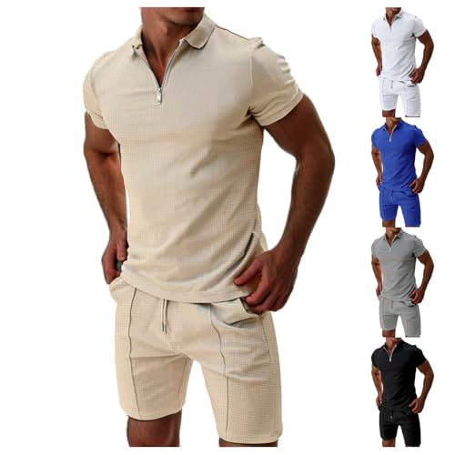 Trainingsanzug Herren Sommer Kurzarm Trainingsanzug 2 Teiliges 1/4 ReißVerschluss Poloshirt + Kurze Hose Casual Sommer Anzug Baggy Freizeitanzug Business Polo Hemd Herren Set Mode Casual Sweatsuits von Generisch