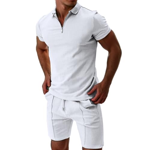 Trainingsanzug Herren Sommer Kurzarm Trainingsanzug 2 Teiliges 1/4 ReißVerschluss Poloshirt + Kurze Hose Casual Sommer Anzug Baggy Freizeitanzug Business Polo Hemd Herren Set Mode Casual Sweatsuits von Generisch