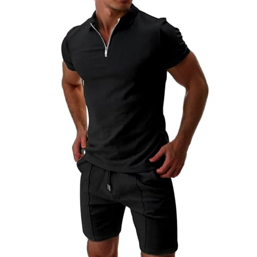 Trainingsanzug Herren Sommer Kurzarm Trainingsanzug 2 Teiliges 1/4 ReißVerschluss Poloshirt + Kurze Hose Casual Sommer Anzug Baggy Freizeitanzug Business Polo Hemd Herren Set Mode Casual Sweatsuits von Generisch
