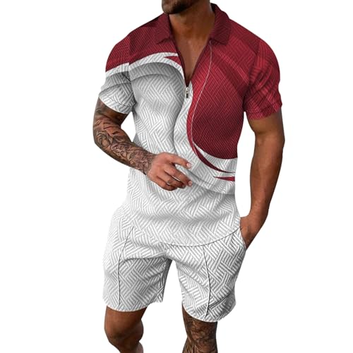 Trainingsanzug Herren Sommer-Strand-Outfits Einfarbig 2-teilig Kurze Hosen T Shirt Set Kurzarm Button-Up Revers Hemd und Shorts Casual Anzug für Urlaub Strand Alltag von Generisch