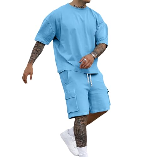 Trainingsanzug Herren Zweiteiler Sommer Oversized T-Shirt und Shorts Set 2 Teiliges Jogginganzug Sportanzug Y2K Hip Hop Streetwear Cargo Kurze Hose Freizeitanzug Kurzarm Outfits Himmelblau XL von Generisch