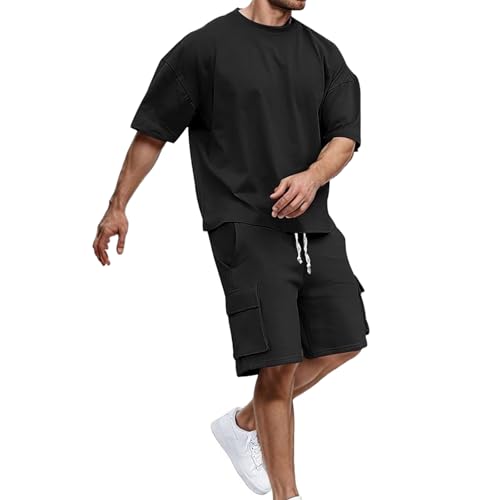 Trainingsanzug Herren Zweiteiler Sommer Oversized T-Shirt und Shorts Set 2 Teiliges Jogginganzug Sportanzug Y2K Hip Hop Streetwear Cargo Kurze Hose Freizeitanzug Kurzarm Outfits für Männer Schwarz XXL von Generisch