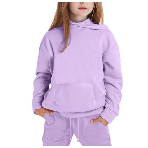 Trainingsanzug Kinder, Jogginganzug Mädchen Kinder 2025 Sportkleidung Mädchen Solide Warme Hoodie + Jogginghose 2 Teiler Outfit Einfarbig Freizeitanzug Tracksuit Klassisch (01 Purple, 12-13 Years) von Generisch