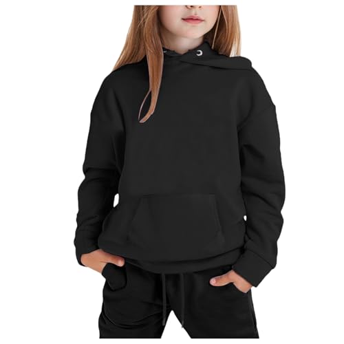 Trainingsanzug Kinder, Jogginganzug Mädchen Kinder 2025 Sportkleidung Mädchen Solide Warme Hoodie + Jogginghose 2 Teiler Outfit Einfarbig Freizeitanzug Tracksuit Klassisch (03 Black, 12-13 Years) von Generisch
