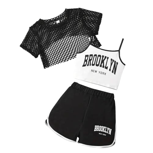 Trainingsanzug Kinder Tracksuit Mädchen Sommer-Outfits für Mädchen 3-teiliges Set lässig lockere Passform ärmelloses Oberteil Shorts Kombination für Outdoor-Aktivitäten 8–14 (Black 13-14Jahre) von Generisch