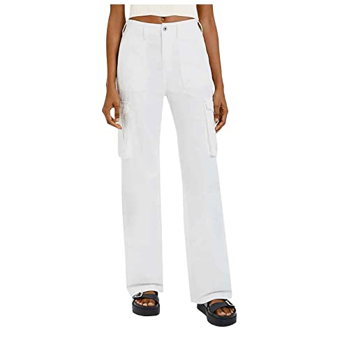 Trainingshose Damen Baggy Weitem Bein Freizeithose Leicht Cargohose Einfarbig Einfach Stoffhose Gerades Stretch Hose Weich Bequem Cargohose Mit Taschen White 3XL von Generisch