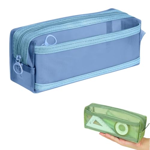 Transparentes Netz-Federmäppchen, doppellagig, Federmäppchen, Schreibwaren-Tasche, Kosmetiktasche, Aufbewahrungstasche, Quadratisch (Blau), modisch von Generisch