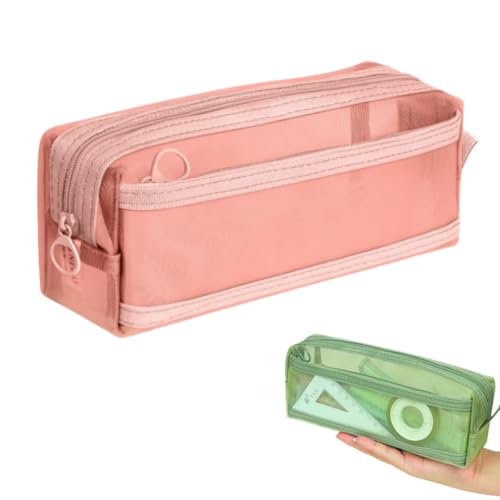 Transparentes Netz-Federmäppchen, doppellagig, Federmäppchen, Schreibwaren-Tasche, Kosmetiktasche, Aufbewahrungstasche, Quadratisch (Rosa), modisch von Generisch