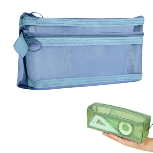 Transparentes Netz-Federmäppchen, doppellagig, Federmäppchen, Schreibwaren-Tasche, Kosmetiktasche, Aufbewahrungstasche, Trapezförmig (Blau), modisch von Generisch