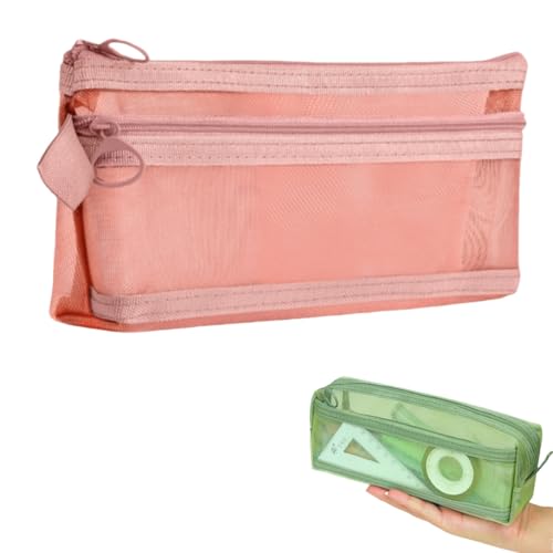 Transparentes Netz-Federmäppchen, doppellagig, Federmäppchen, Schreibwaren-Tasche, Kosmetiktasche, Aufbewahrungstasche, Trapezförmig (Rosa), modisch von Generisch