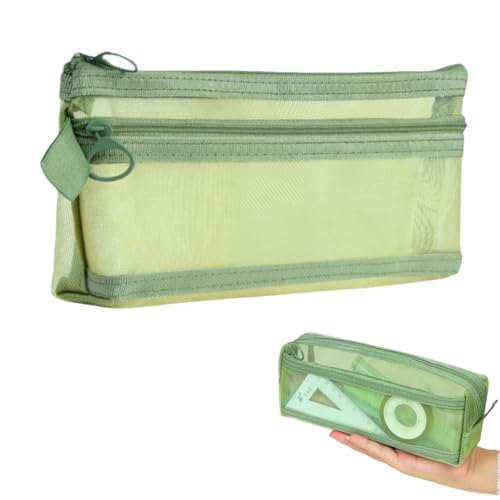 Transparentes Netz-Federmäppchen, doppellagig, Federmäppchen, Schreibwaren-Tasche, Kosmetiktasche, Aufbewahrungstasche, Trapezförmig (grün), modisch von Generisch