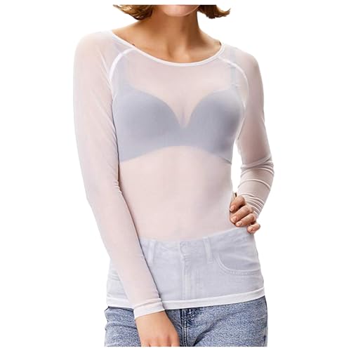 Transparentes Tüll-T-Shirt für Damen, langärmelig, sexy Sommer-T-Shirt für Clubwear, Mesh-Oberteile, Blusen, Tunika, elegante Blusen, lässig, leicht, Slim Fit, T-Shirt, Weiß, M von Generisch