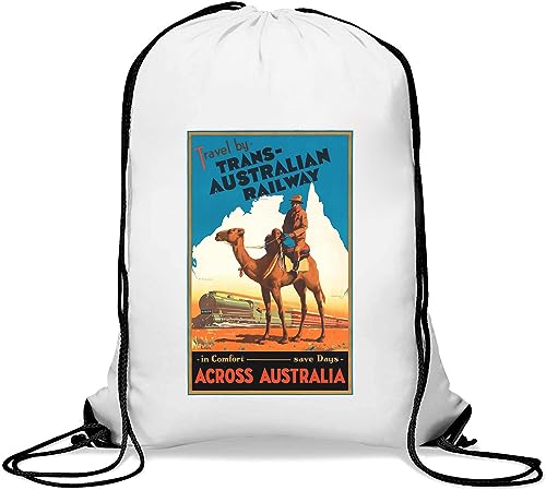 Travel By Trans Australian Railway Across Australia Retro Style Poster Gym Sack Casual Drawstring Bag White von Generisch
