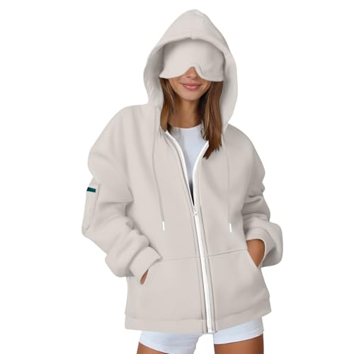 Travel Hoodie Damen mit Integrierter Augenmaske Sweatjacke Baumwoll Zipper Sweatshirt Im Flugmodus Kapuzenpullover mit Kapuze Langarm Sport Kapuzenjacke mit Reißverschluss Oversize Winter von Generisch