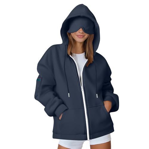 Travel Hoodie Damen mit Integrierter Augenmaske Sweatjacke Baumwoll Zipper Sweatshirt Im Flugmodus Kapuzenpullover mit Kapuze Langarm Sport Kapuzenjacke mit Reißverschluss Oversize Winter von Generisch