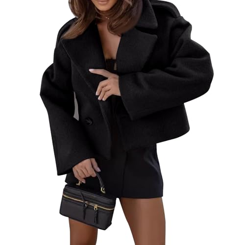 Trenchcoat Damen Kurz Wolle Zweireihig Winterjacke Damen Warm mit Knöpfen Wollmantel Damen Winter Kurze Übergangsjacke Frauen Elegant Revers Mantel Übergang Damenmantel Casual Jacke Einfarbig von Generisch