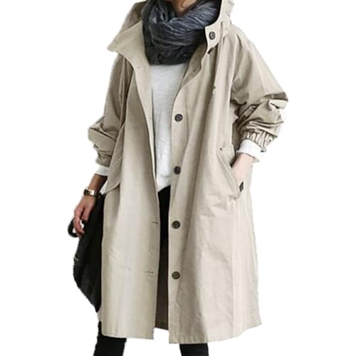 Trenchcoat Damen Lang ÜbergangsJacke mit Knöpfen Temperamentvolle Taillierte Sommermantel Leichte und Wasserbeständige Windbreaker mit Taschen und Verstellbarer Kapuze Casual Winddichter Mantel von Generisch