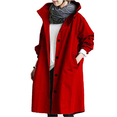 Trenchcoat Damen Lang ÜbergangsJacke mit Knöpfen Temperamentvolle Taillierte Sommermantel Leichte und Wasserbeständige Windbreaker mit Taschen und Verstellbarer Kapuze Casual Winddichter Mantel von Generisch