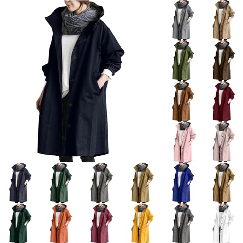 Trenchcoat Damen Lang Übergangsjacke Mit Knöpfen Trenchcoat Mit Taschen Und Verstellbarer Regenmantel Damen Kapuze Elegant Windjacke Übergangsjacke Große Größen Marineblau S von Generisch
