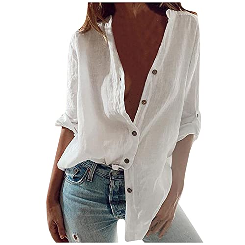 Trendige Gaze-Hemden für Damen, Stehkragen, Sommer, leicht, 2025, 3/4-Ärmel, lange Ärmel, Leinenblusen, einfarbig, lässig, Musselin, Outfit, übergroßer Kragen, Damen-Tuniken, weiß, XL Trendige Gaze-Hemden für Damen, Stehkragen, Sommer, leicht, 2025, 3/4-Ärmel, lange Ärmel, Leinenblusen, einfarbig, lässig, Musselin, Outfit, übergroßer Kragen, Damen-Tuniken, weiß, XL von Generisch