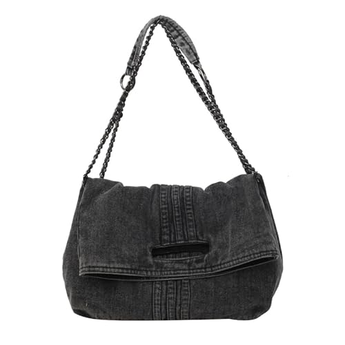 Trendige Umhängetasche für Damen, Denim-Kuriertasche mit langer Kette, modische Tragetasche, weiche Textur, geeignet für Arbeit und Freizeit, Reisen, Schwarz , 33*10*38cm von Generisch