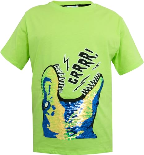 Trex Dino Kinder Jungen Jungs Wende Pailletten Lang T-Shirt Bluse Kurzarm Grün 140-146 von Generisch