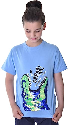 Trex Dino Kinder Jungen Wende Pailletten Lang T-Shirt Bluse Kurzarm Blau 134-140 von Generisch