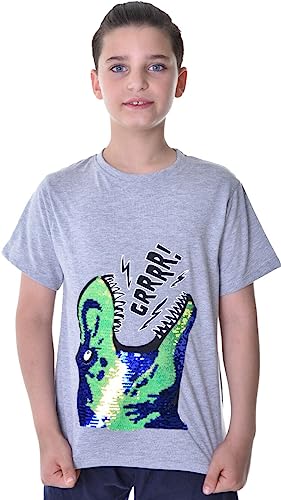 Trex Dino Kinder Jungen Wende Pailletten Lang T-Shirt Bluse Kurzarm Grau 134-140 von Generisch