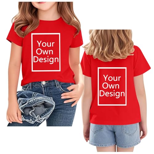 Tshirt Bedrucken Lassen für Mädchen/Jungen - Personalisiertes T-Shirt Selbst Gestalten mit Foto Text, Vorne/Hinten, Custom Shirt Individuelle T-Shirts für Kinder und Teeneger Geschenk Rot 160 von Generisch