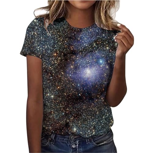 Tshirt Damen Galaxie Drucken Bluse Kurzarm Rundhalsausschnitt T-Shirt Locker Frauen Oberteile Sommer Alltag Crop Top Sport T-Shirts Teenager Mädchen Kleidung Y2k Sommerkleidung Weltraum Kostüm Damen von Generisch