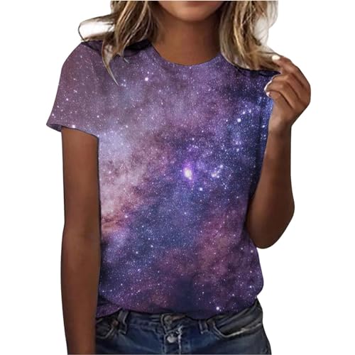 Tshirt Damen Galaxie Drucken Bluse Kurzarm Rundhalsausschnitt T-Shirt Locker Frauen Oberteile Sommer Alltag Crop Top Sport T-Shirts Teenager Mädchen Kleidung Y2k Sommerkleidung Weltraum Kostüm Damen von Generisch