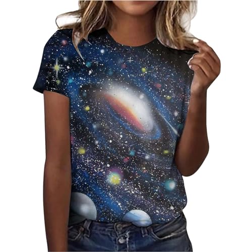 Tshirt Damen Galaxie Drucken Bluse Kurzarm Rundhalsausschnitt T-Shirt Locker Frauen Oberteile Sommer Alltag Crop Top Sport T-Shirts Teenager Mädchen Kleidung Y2k Sommerkleidung Weltraum Kostüm Damen von Generisch
