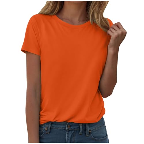 Tshirt Damen Sommer Basic T Shirt Baumwolle Sport Tops Rundhals Oberteile Kurzarm Tunika Lang Elegant Blusen Einfarbig Weiß Schwarz Sportshirt Damen Blusen(Orange, M) von Generisch