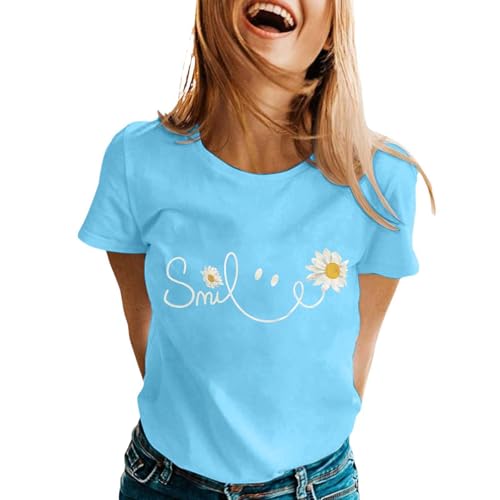 Tshirt Damen Sommer Weiß Basic T Shirt Bedrucken Rundhals Kurzarm Oberteile Baumwolle Einfarbig Shirts mit Rundhalsausschnitt Blumendruck Lässige Locker Tops Bluse Sportshirt (Sky Blue-1, L) von Generisch