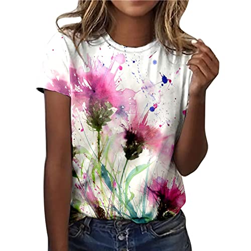 Generisch Tshirt Damen Weiß T-Shirt Damen Basic T Shirt Sommer Grafik Kurzarm Rundhals Tees Tops Blumen Motiv Bunte Bedruckt Casual Sommershirt Lose Lockere Lässige Oberteile Tshirts Baumwolle von Generisch