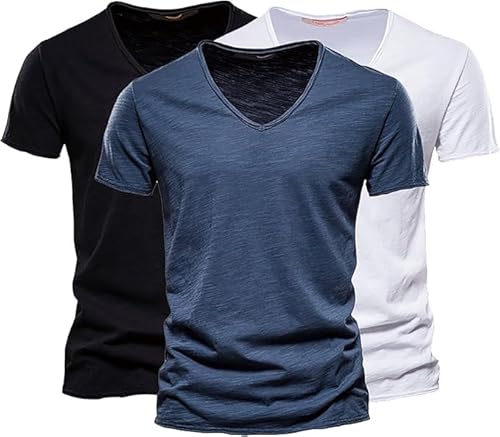 Tshirt Herren V Ausschnitt, T Shirt Herren V Ausschnitt Lang Oversized Tshirt Set Pack 3er Basic Unifarben Longshirt Kurzarm Mode 2025 Cutted Shirts Aus Slub Baumwolle, Marine+Schwarz+Weiß, M von Generisch