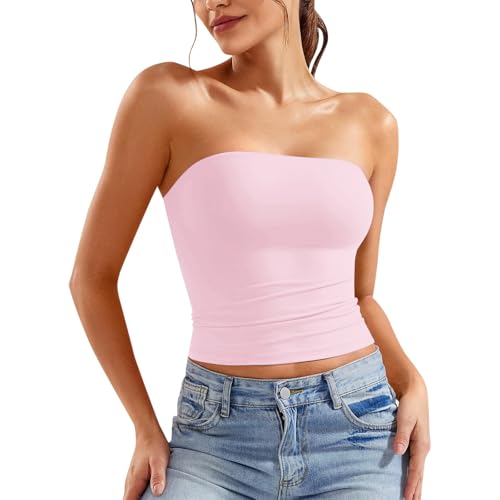 Tube Top Damen Schulterfrei Ärmellos Tank Top Double Lined Tops Damen Y2K Slim Fit Crop Top Summertops Elegant Doppelt Gefüttert Oberteile Tanktop Damen Einfarbig Basic Tops Sport T Shirt von Generisch