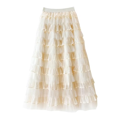 TüTü Damen langer Kuchenrock Feen-Halbkörperrock Sub Schottenrock Damen Knielang Tüllrock Rock Damen Tutu Rock Damen Tüllrock Karneval Kostüm Petticoat Tüllrocke Tutu TüTü Damen Rock (Beige, One Size) von Generisch