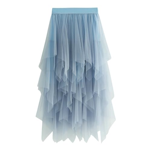 Tüllrock Blau,Damen Unregelmäßiger Tüllrock Mehrschichtiger Mesh Faltenrock A-Linie Hoher Taillierter Rock Ballett Tutu Abschlussball Party Karneval Party Rock Karneval Kostüm Damen Faschingskostüme von Generisch