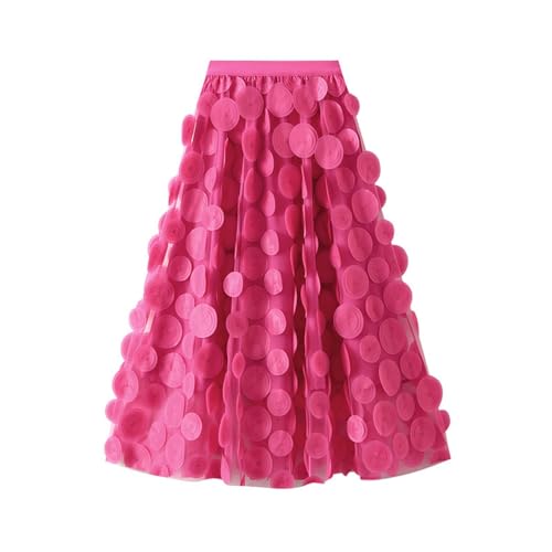 Tüllrock Damen 3D Polka Dot Faltenrock Mesh Flowy Geburtstag Hochzeitsfeier Einfarbig Lang Rock Festliche Karneval Kostüm Pinker Rock von Generisch