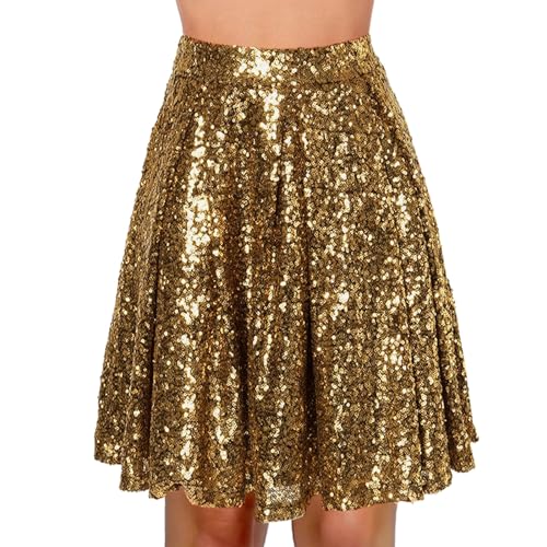 Tüllrock Damen Damen Glitzer Pailletten Rock Goldener Rock Minirock kurz Mini Rock Faltenrock Tanz Rock Faltenrock Stilvoll Glitzer Rock Karneval Hohe Taille Rock Kostüm von Generisch
