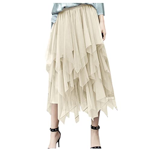 Tüllrock Damen Faltenrock Tüllrock Asymmetrisch Röcke Kurzer Skater Röcke Midirock Sommerrock Tutu Tüll Rock Karneval Lang Elegant Elastisch Hohe Taille Ballettrock Maxirock Party (A-Beige, One Size) von Generisch