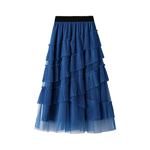 Tüllrock Damen Faltenrock Tüllrock Asymmetrisch Röcke Kurzer Skater Röcke Midirock Sommerrock Tutu Tüll Rock Karneval Lang Elegant Elastisch Hohe Taille Ballettrock Maxirock Party (B-Blue, One Size) von Generisch