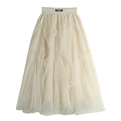 Tüllrock Damen Faltenrock Tüllrock Asymmetrisch Röcke Kurzer Skater Röcke Midirock Sommerrock Tutu Tüll Rock Karneval Lang Elegant Elastisch Hohe Taille Ballettrock Maxirock Party (Beige-l, One Size) von Generisch