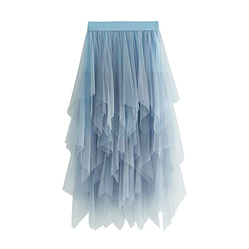 Tüllrock Damen Faltenrock Tüllrock Asymmetrisch Röcke Kurzer Skater Röcke Midirock Sommerrock Tutu Tüll Rock Karneval Lang Elegant Elastisch Hohe Taille Ballettrock Maxirock Party (C-Blue, One Size) von Generisch